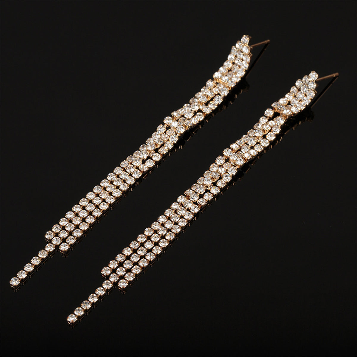 Cubic Zirconia and 18K Gold-Plated Three-Line Drop Earrings, gold drop earrings for women, botanical inspired, side view