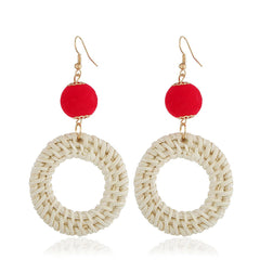 Red Polyster & Rattan Open Circle Drop Earrings