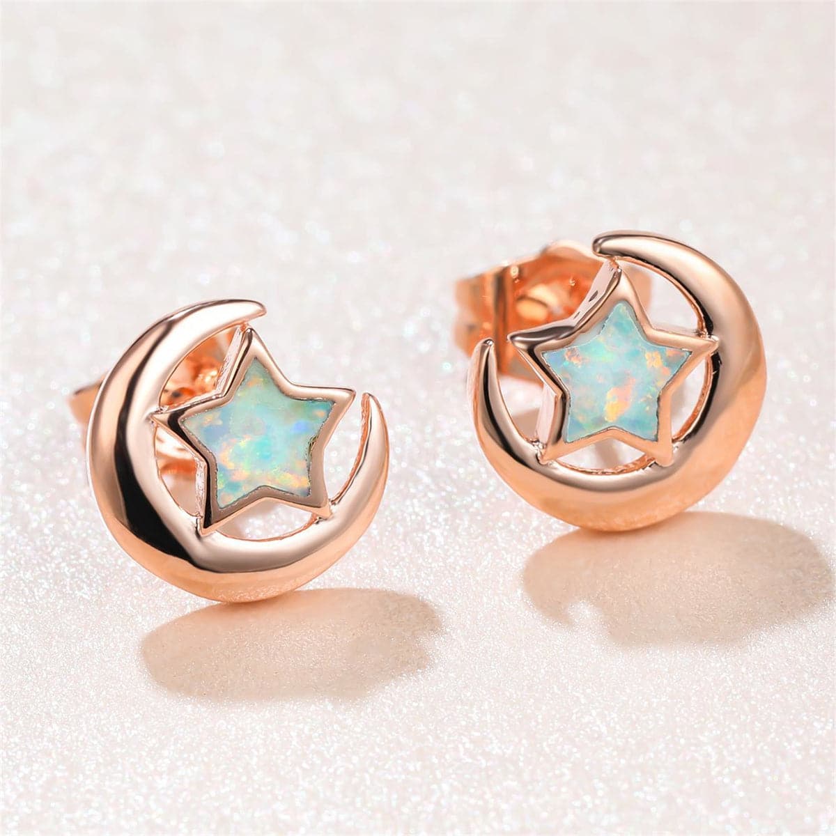 White Opal and 18K Rose Gold-Plated Star Moon Stud Earrings, rose gold stud earrings for women, front view