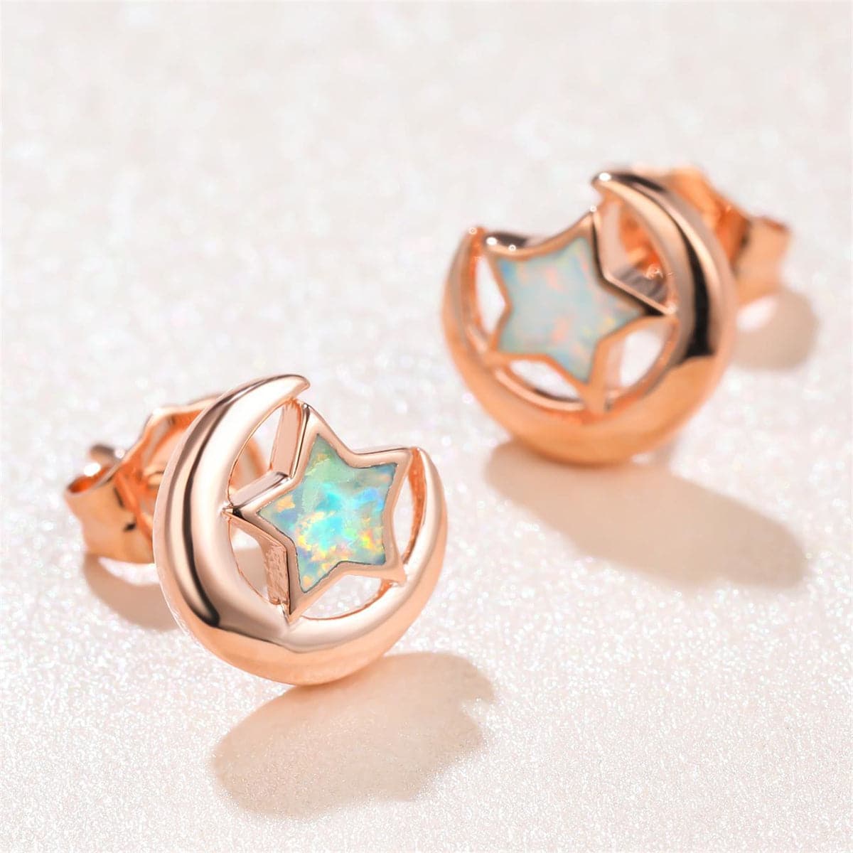 White Opal and 18K Rose Gold-Plated Star Moon Stud Earrings, rose gold stud earrings for women, detail close-up