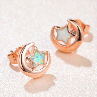 White Opal and 18K Rose Gold-Plated Star Moon Stud Earrings, rose gold stud earrings for women, detail close-up