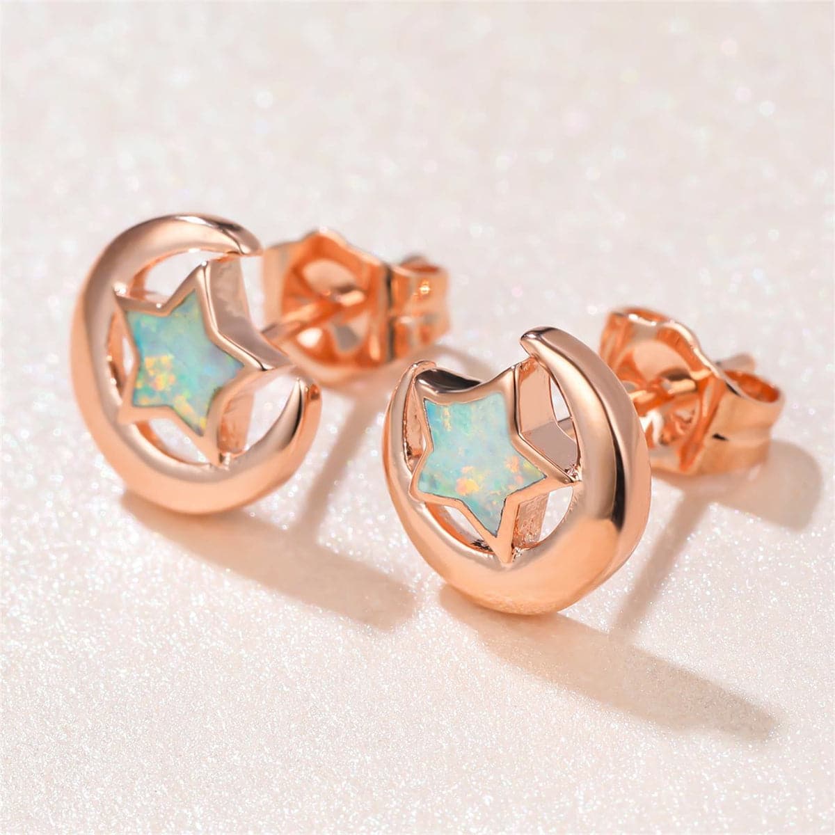 White Opal and 18K Rose Gold-Plated Star Moon Stud Earrings, rose gold stud earrings for women, side view