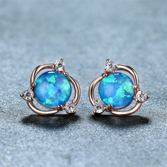 Blue Opal and Cubic Zirconia 18K Rose Gold-Plated Round Stud Earrings, rose gold stud earrings for women, front view