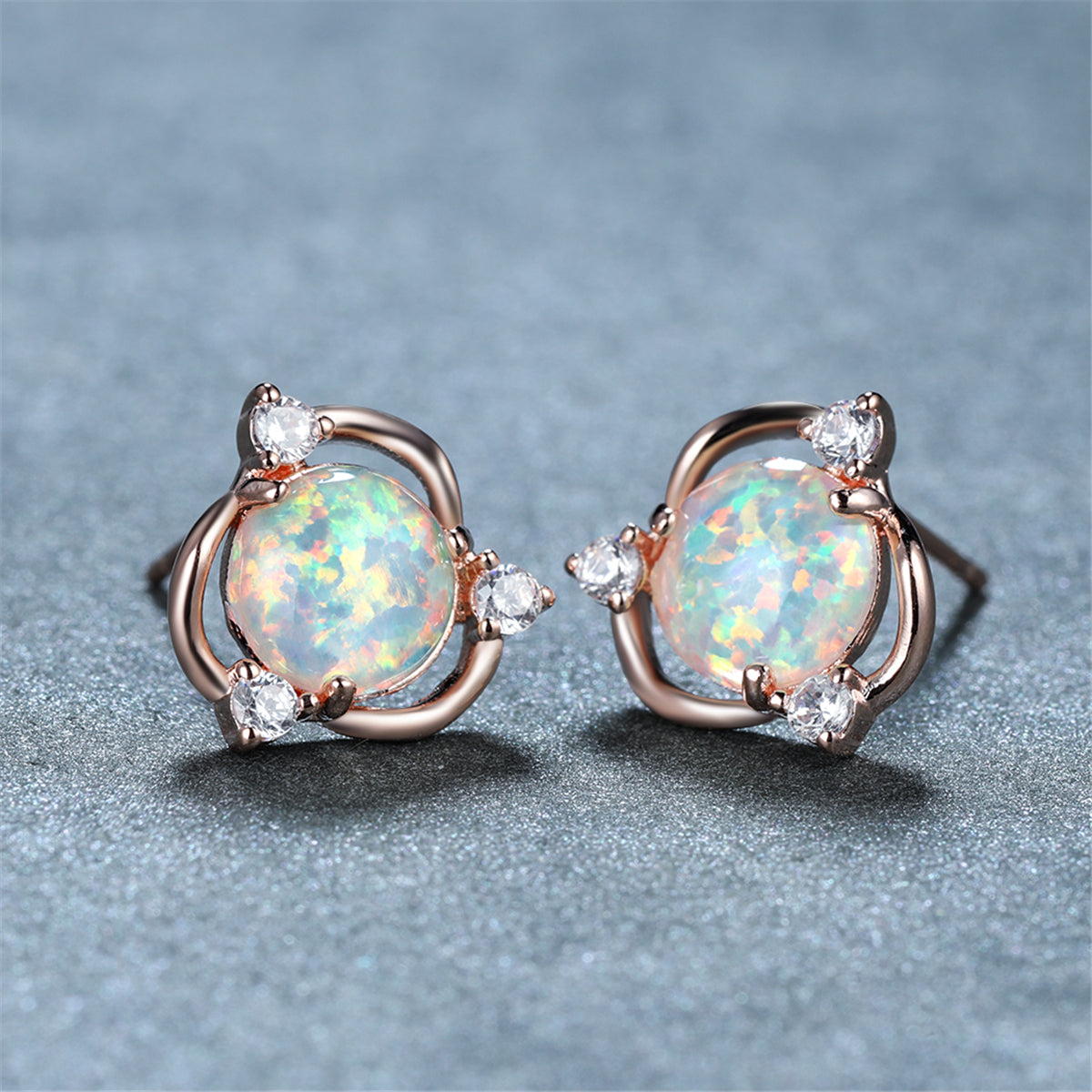 Opal and Cubic Zirconia Round Stud Earrings, stud earrings for women, dainty minimalist design, front view