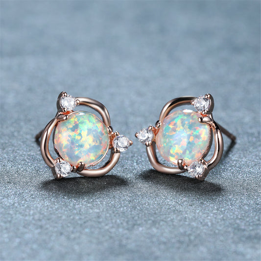 Opal and Cubic Zirconia Round Stud Earrings, stud earrings for women, dainty minimalist design, front view