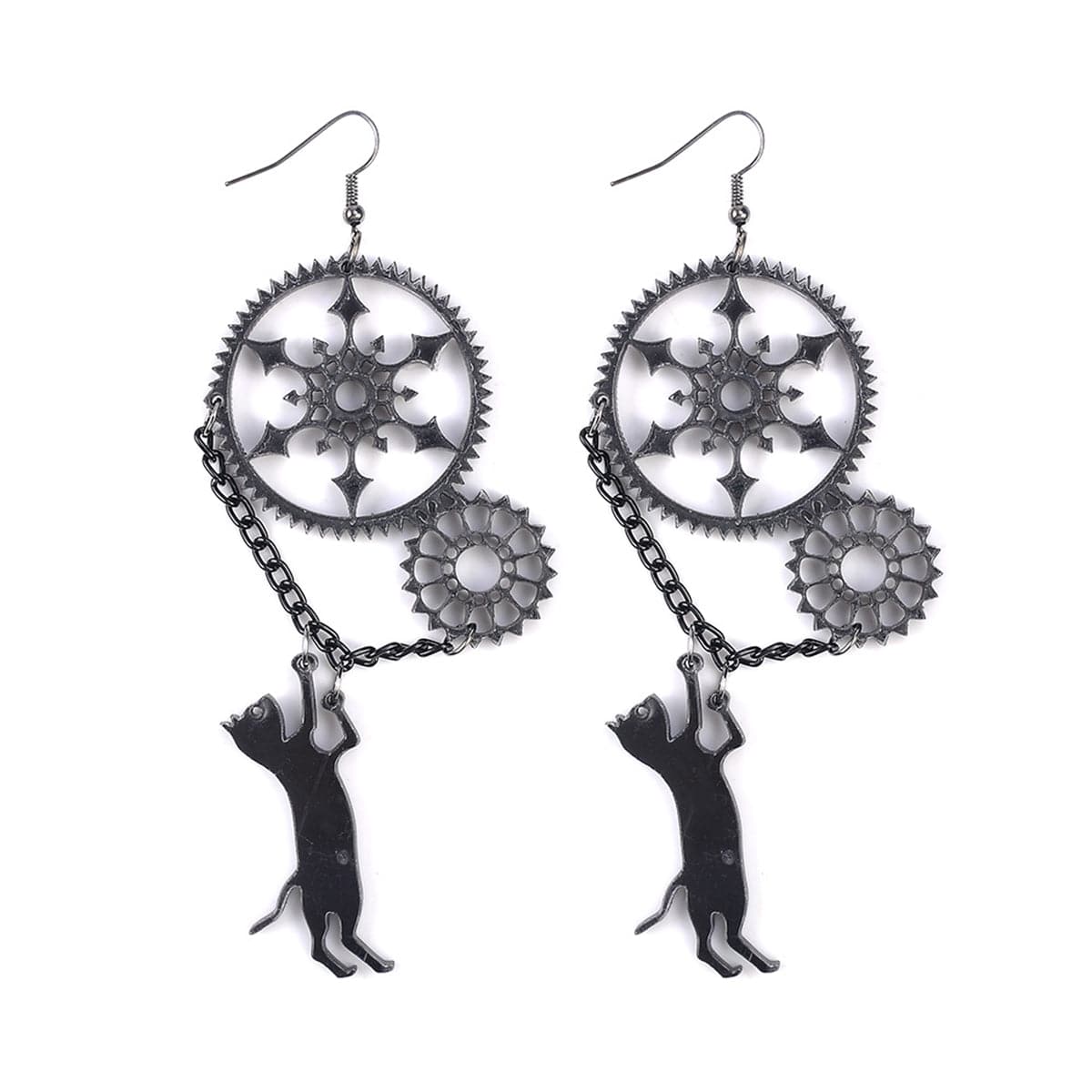 Black Cat & Gear Drop Earrings - streetregion