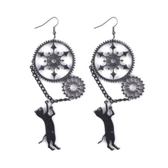 Black Cat & Gear Drop Earrings - streetregion