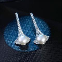 Cubic Zirconia & Pearl Silver-Plated Fan Drop Earrings