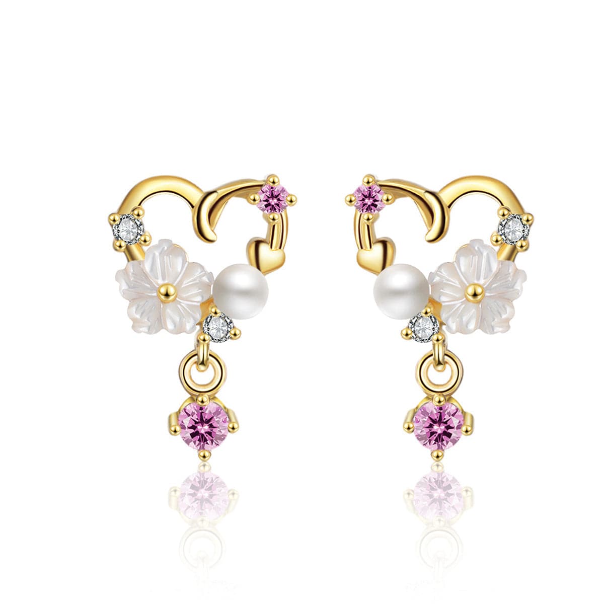 Cubic Zirconia & Pearl 18K Gold-Plated Flower Heart Drop Earring