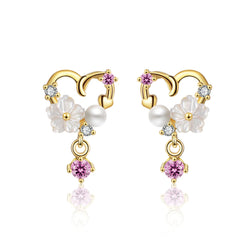 Cubic Zirconia & Pearl 18K Gold-Plated Flower Heart Drop Earring