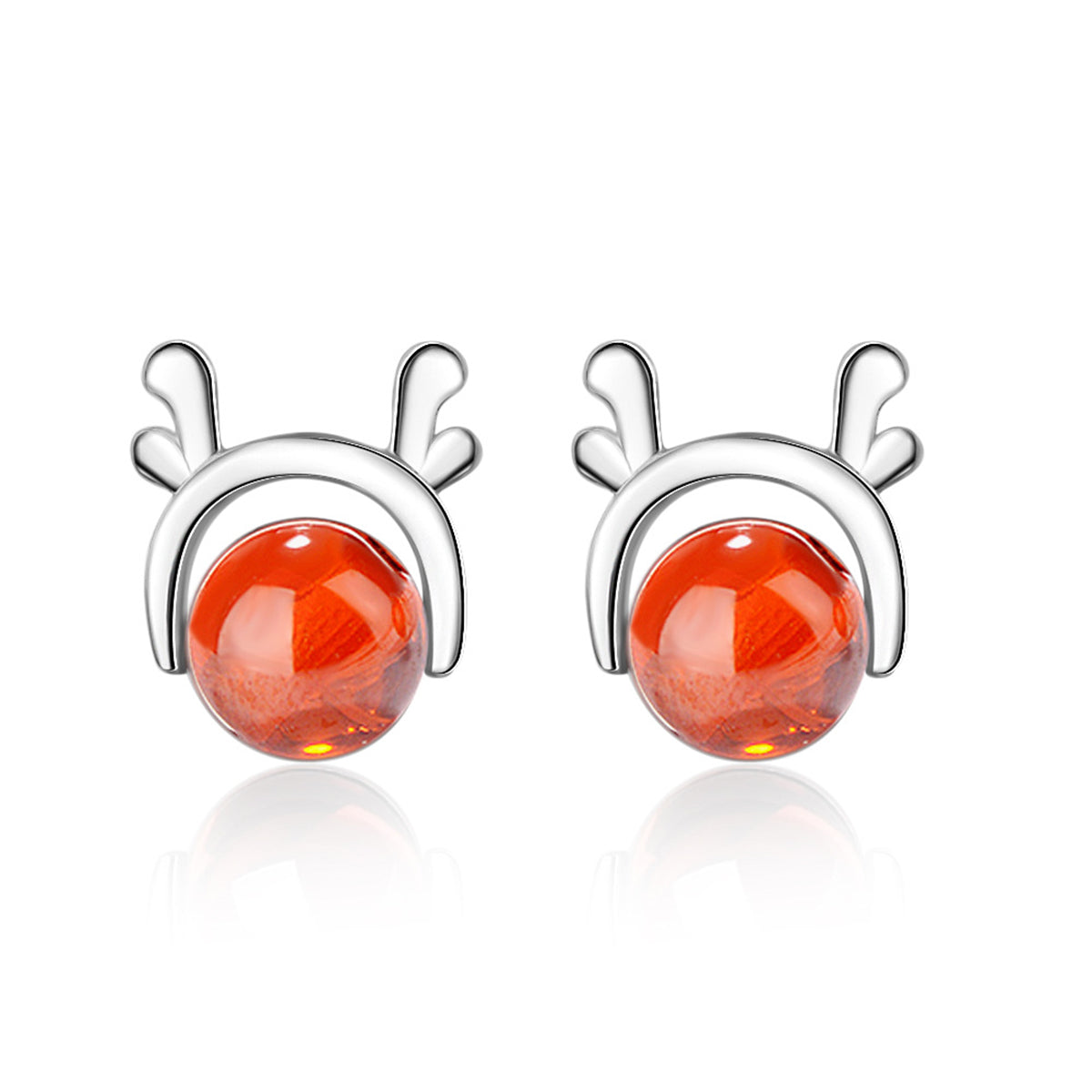 Red Crystal and Silver-Plated Deer Antler Stud Earrings, silver stud earrings for women, vintage-inspired design, side view