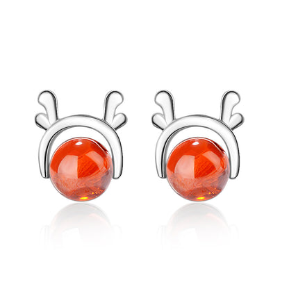 Red Crystal and Silver-Plated Deer Antler Stud Earrings, silver stud earrings for women, vintage-inspired design, side view