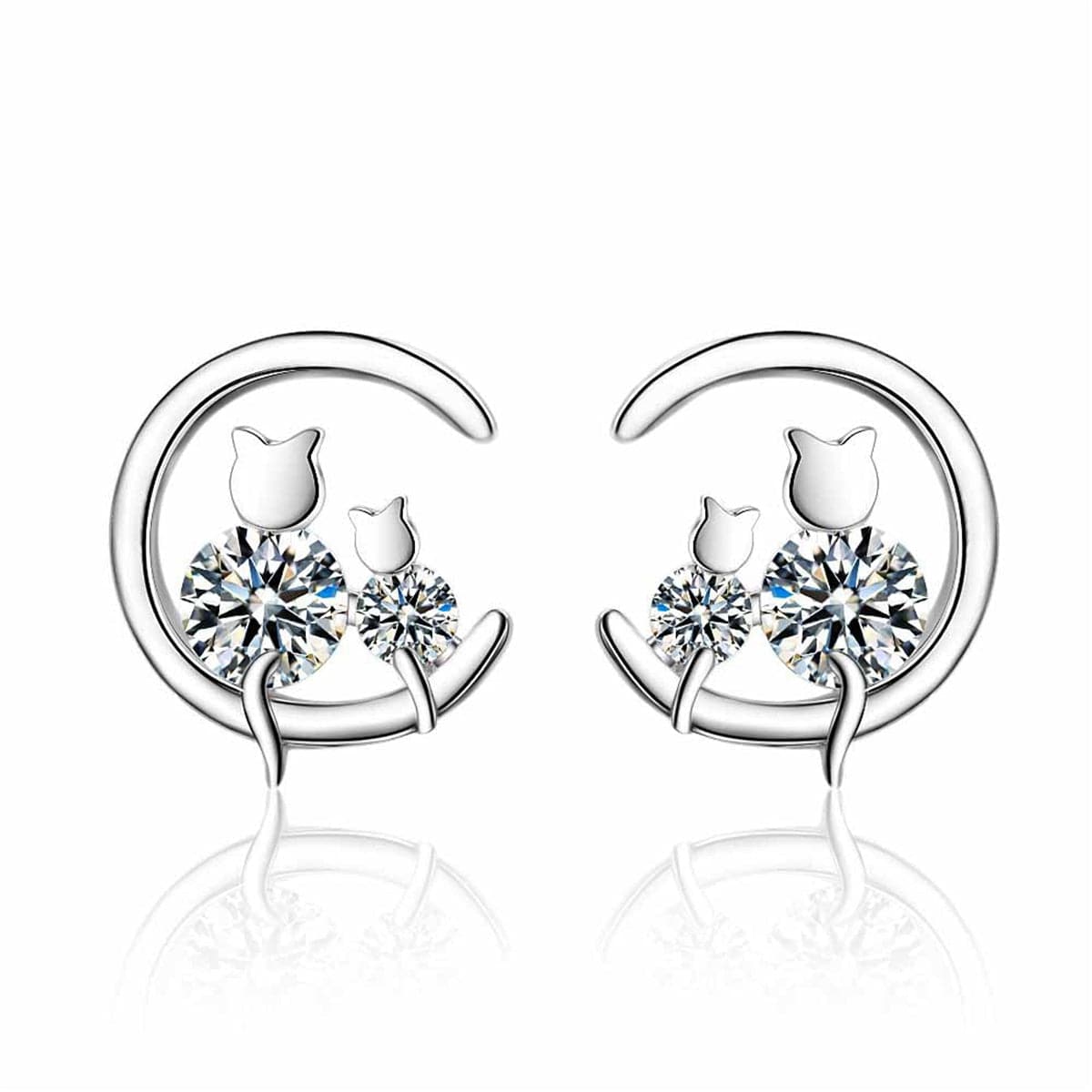 Cubic Zirconia & Silver-Plated Cat & Moon Stud Earrings