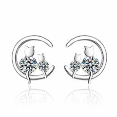 Cubic Zirconia & Silver-Plated Cat & Moon Stud Earrings