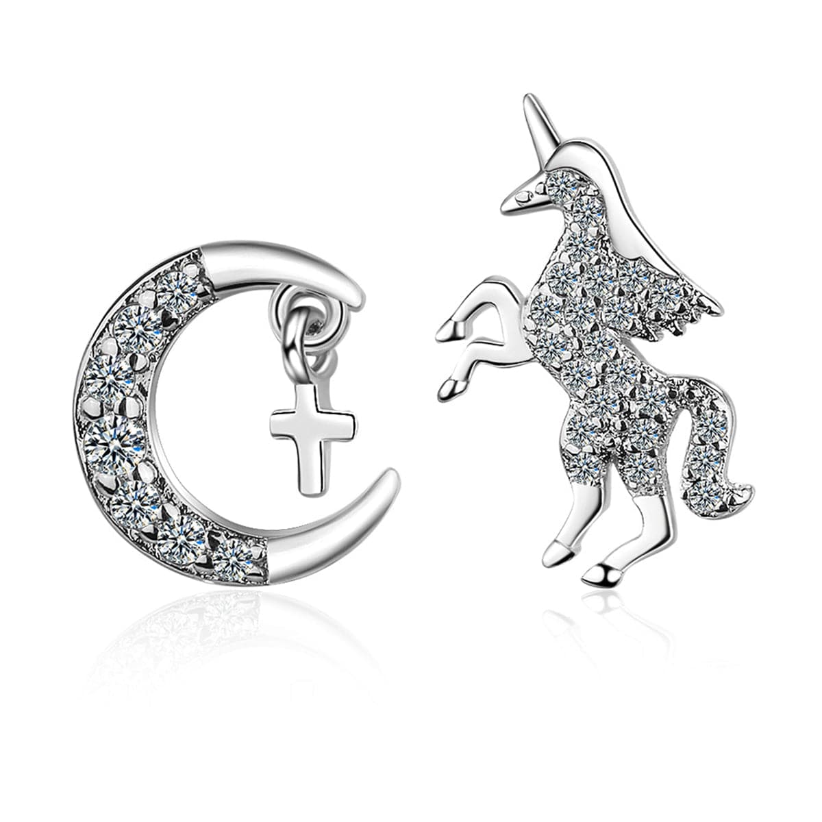 Cubic Zirconia & Silver-Plated Moon & Unicorn Stud Earrings