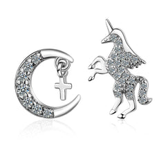 Cubic Zirconia & Silver-Plated Moon & Unicorn Stud Earrings