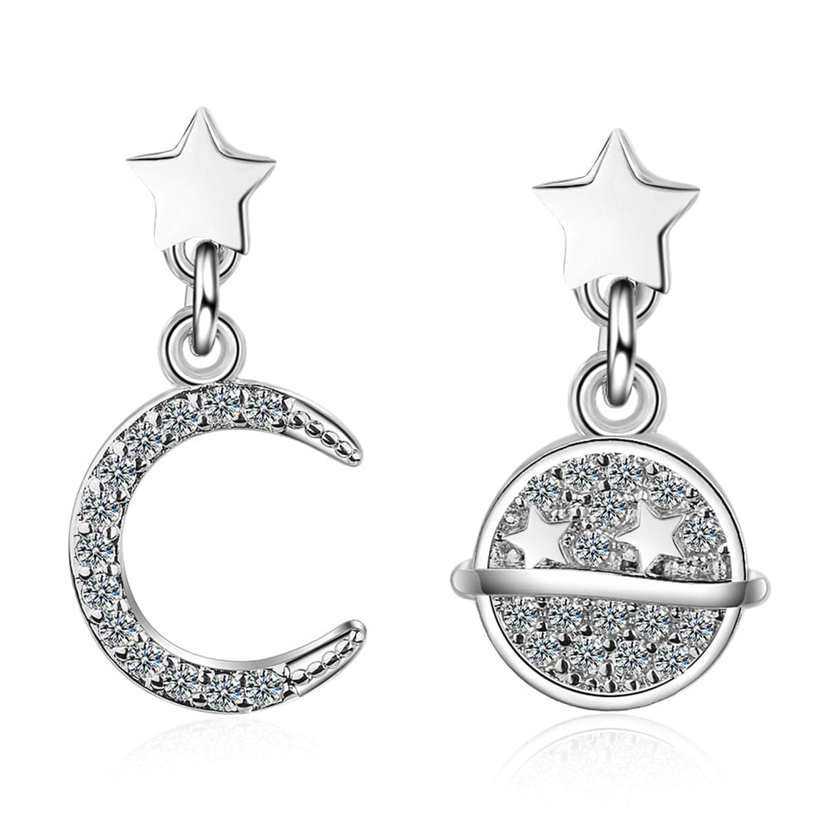 Cubic Zirconia & Silver-Plated Moon & Planet Drop Earrings