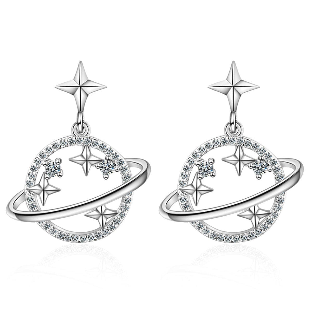 Cubic Zirconia and Silver-Plated Planet Drop Earrings, silver drop earrings for women, dainty minimalist design, side view
