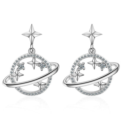 Cubic Zirconia and Silver-Plated Planet Drop Earrings, silver drop earrings for women, dainty minimalist design, side view