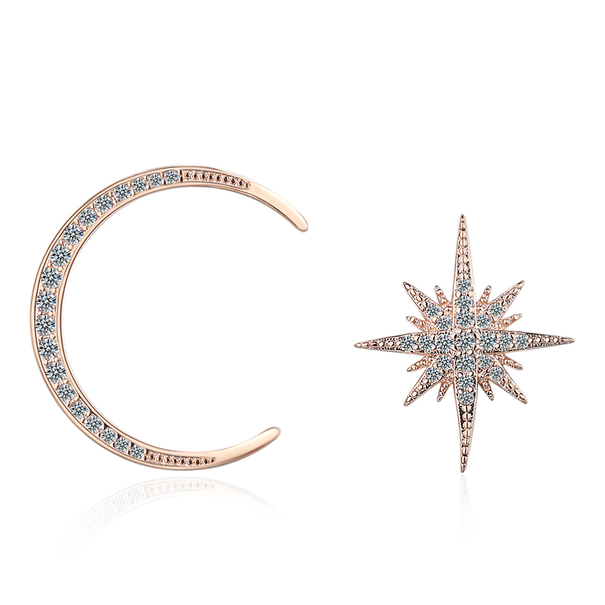 18K Rose Gold-Plated Moon and Star Stud Earrings, rose gold stud earrings for women, botanical inspired, side view