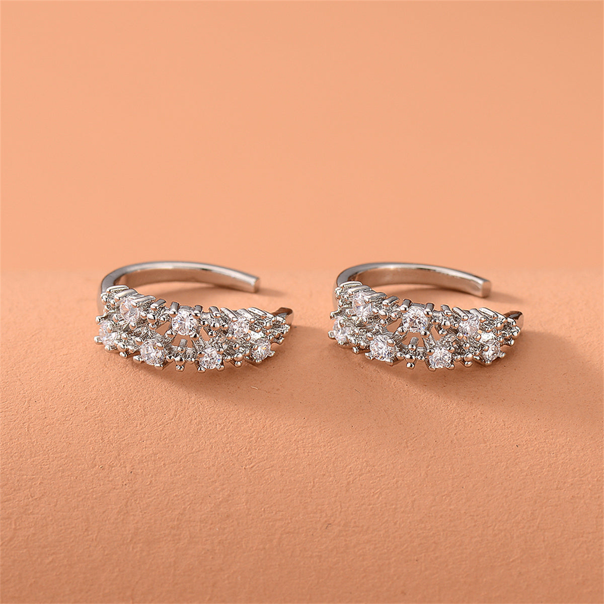 Cubic Zirconia and Silver-Plated Textured Ear Cuffs, silver stud earrings for women, botanical inspired, side view