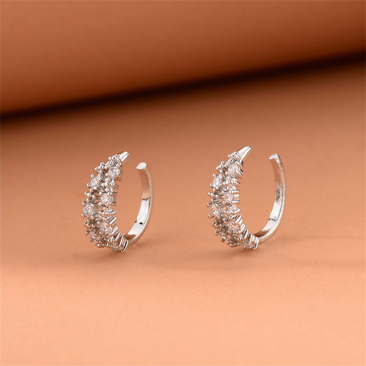 Cubic Zirconia & Silver-Plated Textured Ear Cuffs