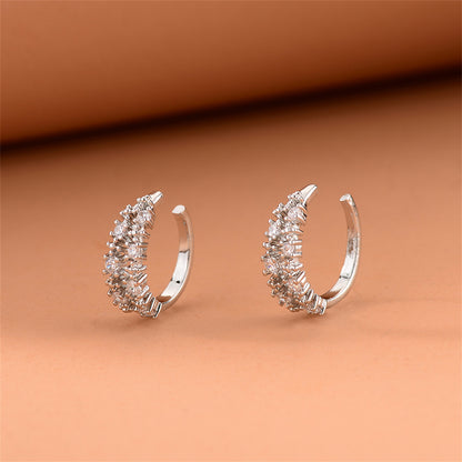 Cubic Zirconia and Silver-Plated Textured Ear Cuffs, silver stud earrings for women, botanical inspired, detail close-up