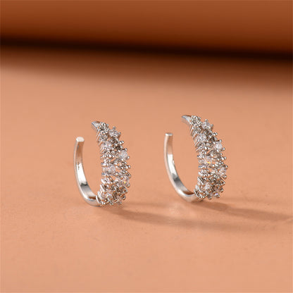 Cubic Zirconia and Silver-Plated Textured Ear Cuffs, silver stud earrings for women, botanical inspired, front view