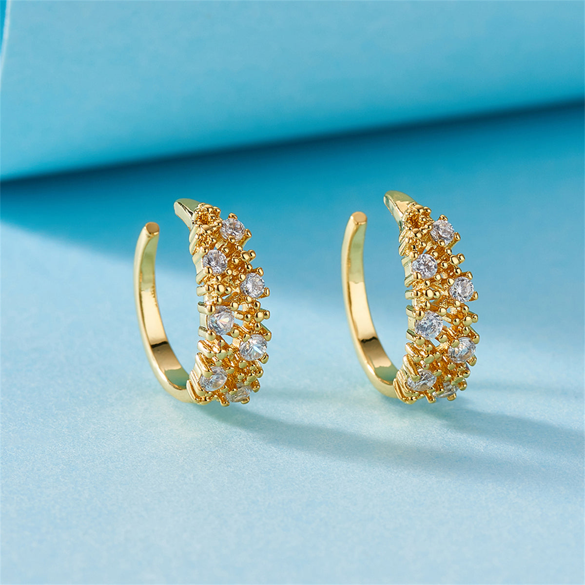 Cubic Zirconia and 18K Gold-Plated Prong-Set Ear Cuffs, gold stud earrings for women, dainty minimalist design, side view