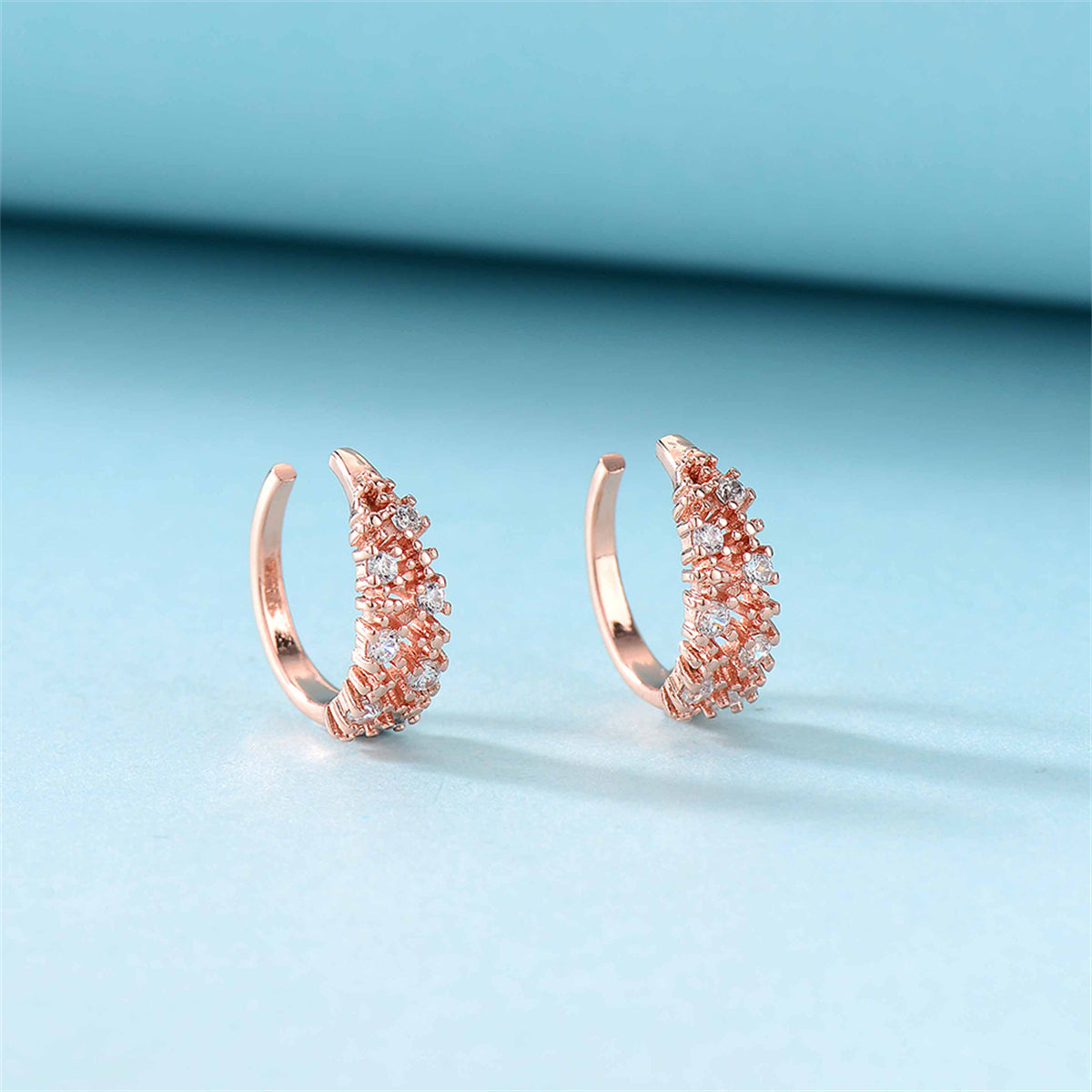 Cubic Zirconia and 18K Rose Gold-Plated Botanical Ear Cuffs, rose gold stud earrings for women, side view