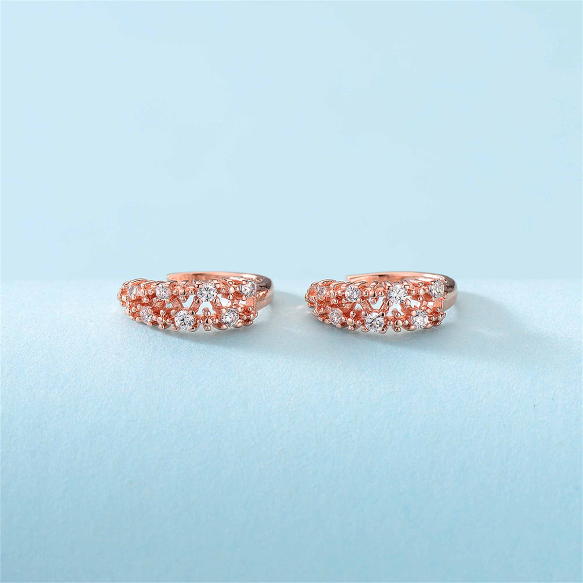 Cubic Zirconia and 18K Rose Gold-Plated Botanical Ear Cuffs, rose gold stud earrings for women, detail close-up