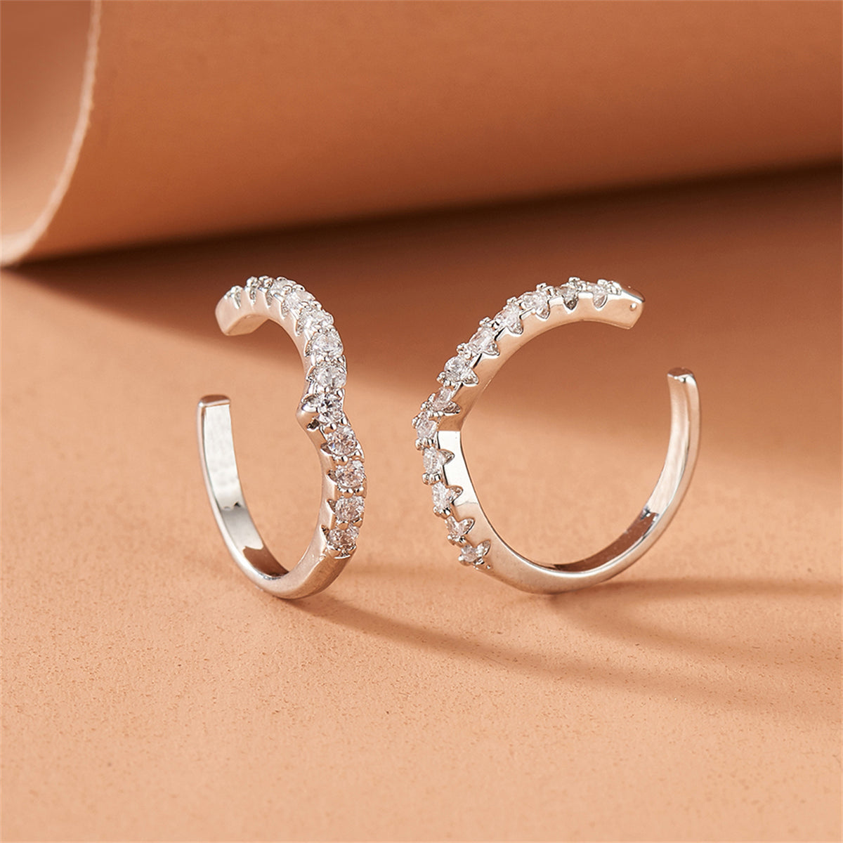 Cubic Zirconia and Silver-Plated V-Shape Ear Cuffs, silver stud earrings for women, everyday style, detail close-up