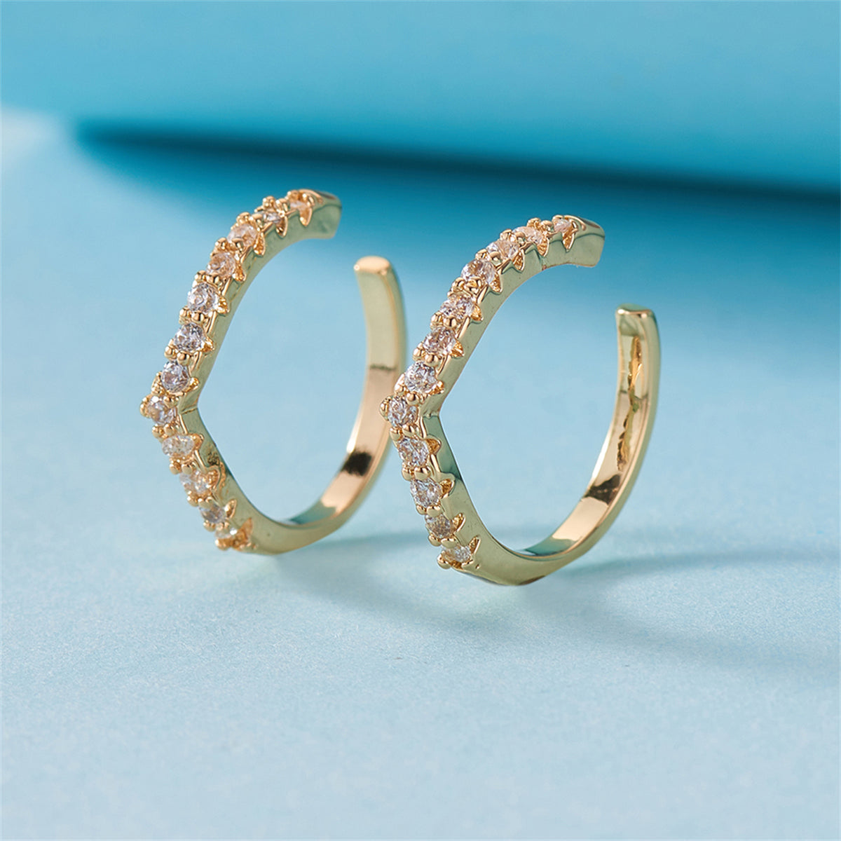Cubic Zirconia and 18K Gold-Plated V-Shape Ear Cuffs, gold stud earrings for women, everyday style, detail close-up