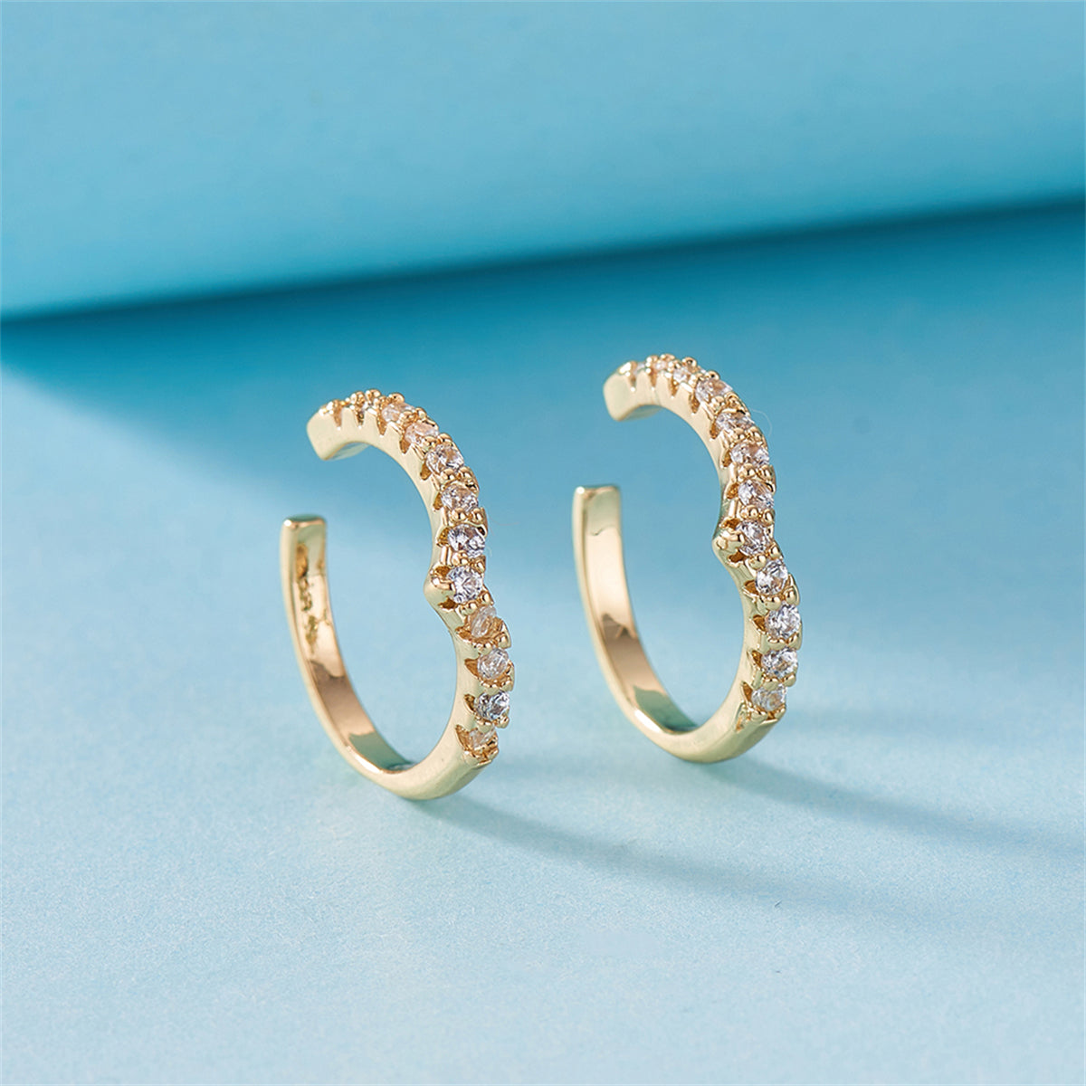 Cubic Zirconia and 18K Gold-Plated V-Shape Ear Cuffs, gold stud earrings for women, everyday style, front view