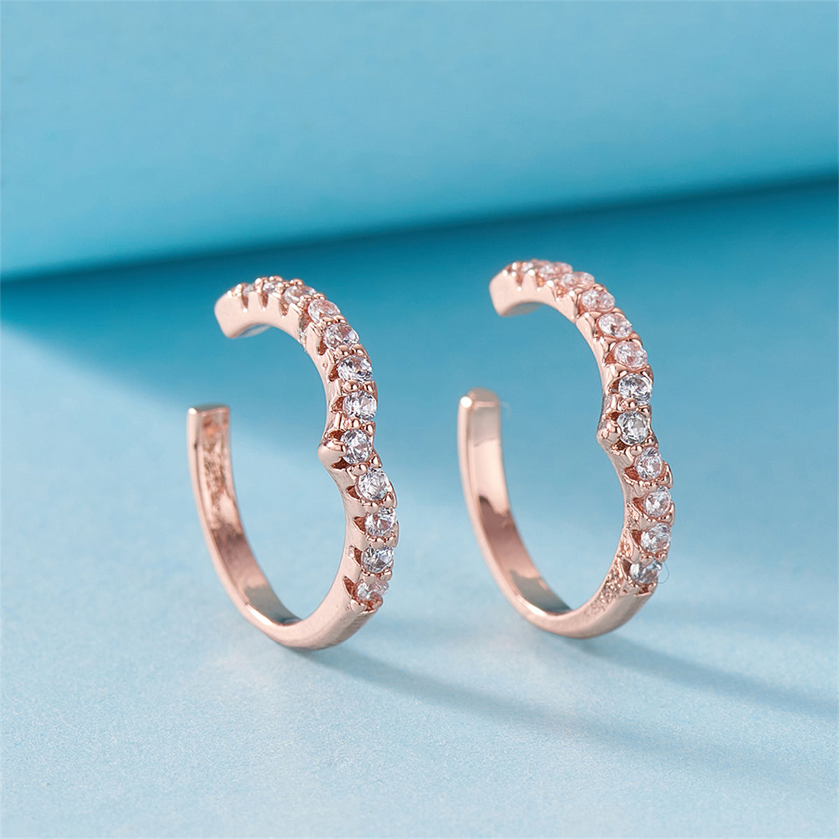 Cubic Zirconia and 18K Rose Gold-Plated V-Shape Ear Cuffs, rose gold stud earrings for women, botanical inspired, side view
