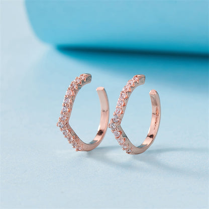 Cubic Zirconia and 18K Rose Gold-Plated V-Shape Ear Cuffs, rose gold stud earrings for women, detail close-up