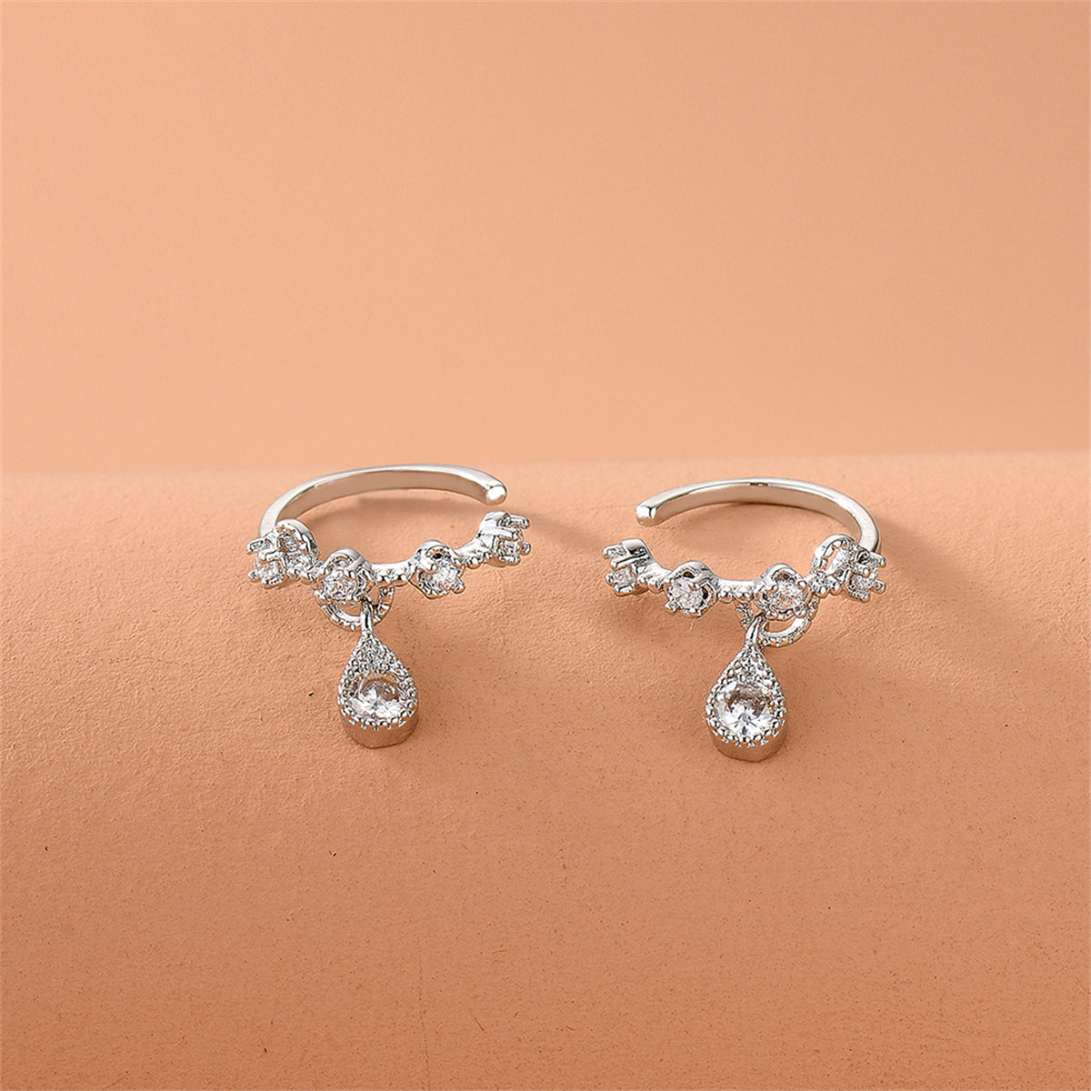 Cubic Zirconia and Silver-Plated Teardrop Dangle Ear Cuffs, silver stud earrings for women, side view