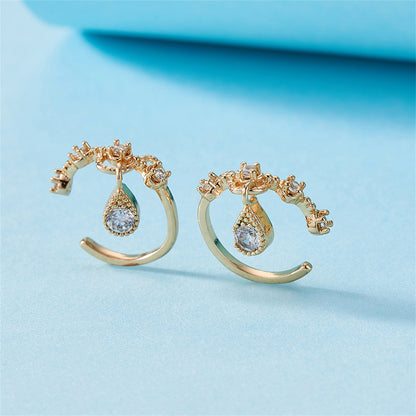 Cubic Zirconia and 18K Gold-Plated Teardrop Ear Cuffs, gold stud earrings for women, botanical inspired, front view