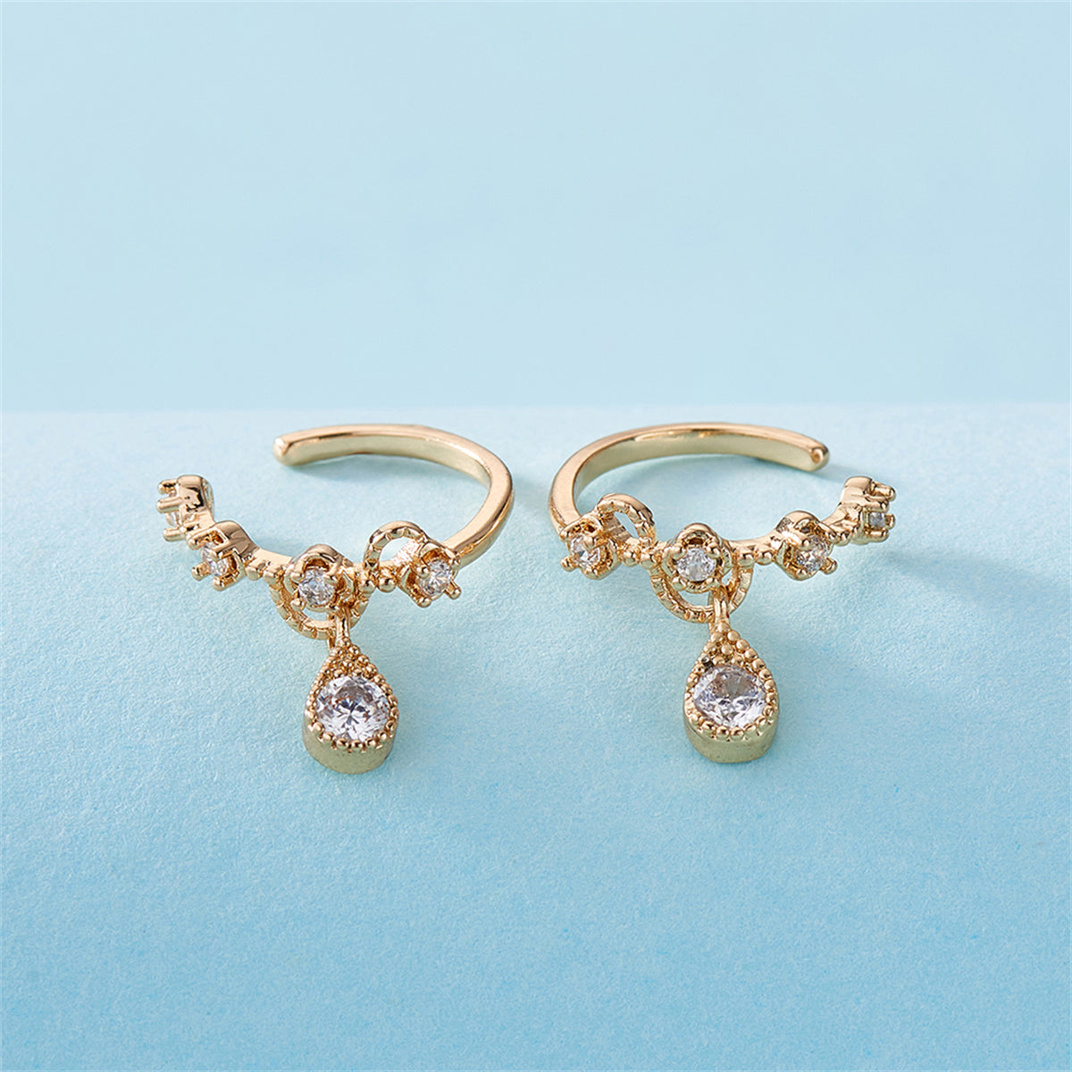 Cubic Zirconia and 18K Gold-Plated Teardrop Ear Cuffs, gold stud earrings for women, botanical inspired, side view