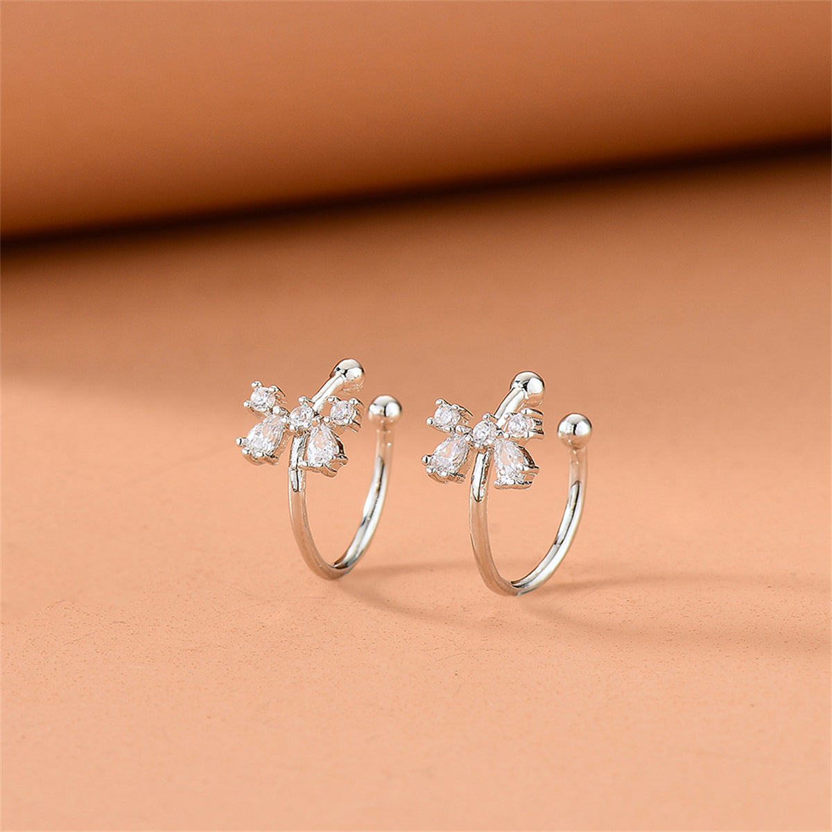 Crystal and Cubic Zirconia Bow Ear Cuffs, stud earrings for women, vintage-inspired design, side view