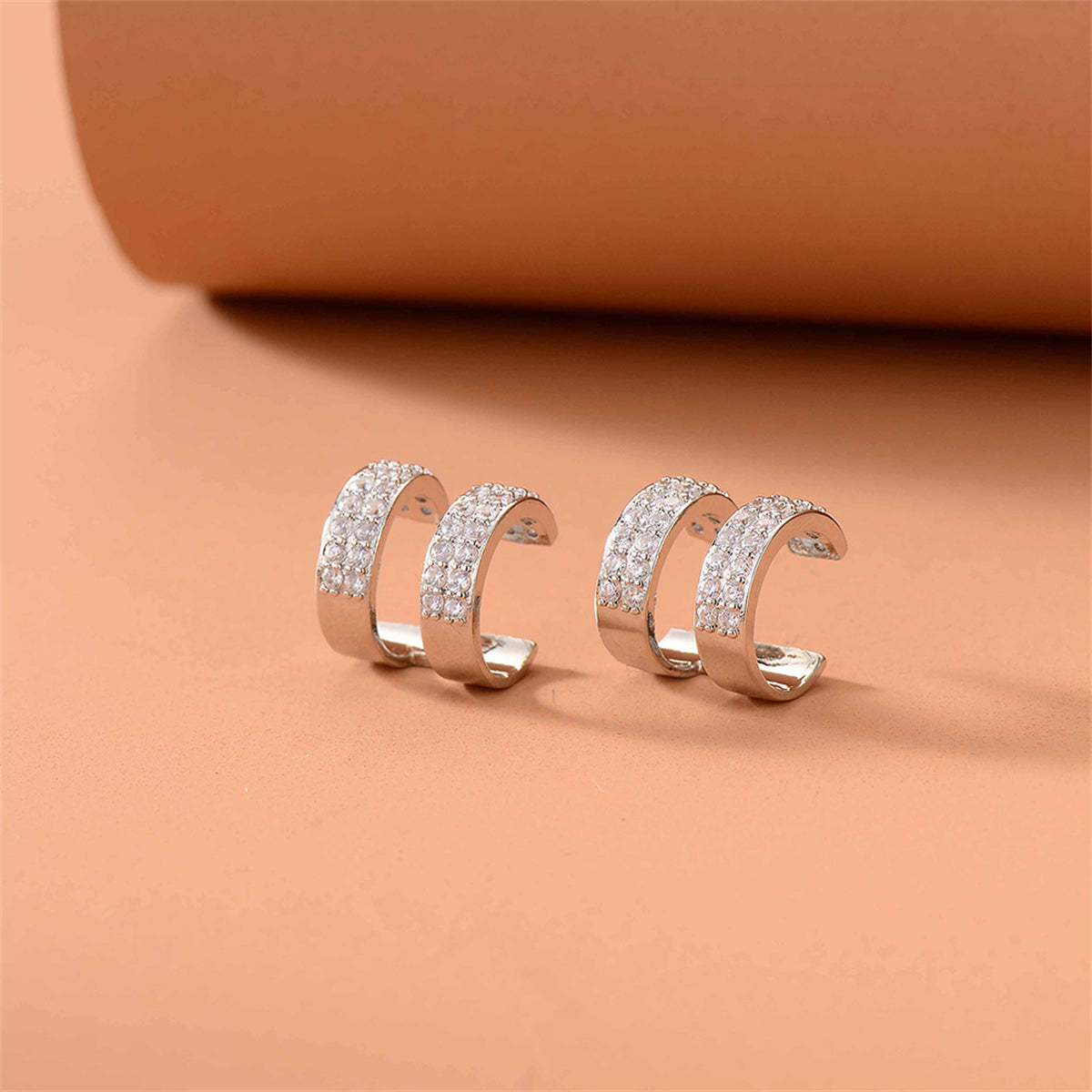 Cubic Zirconia and Silver-Plated Ear Cuffs, silver stud earrings for women, elegant gift for her, side view