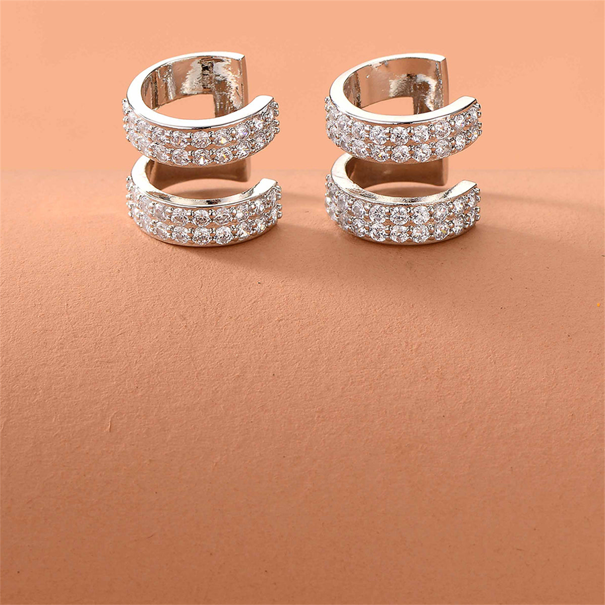 Cubic Zirconia and Silver-Plated Ear Cuffs, silver stud earrings for women, elegant gift for her, detail close-up