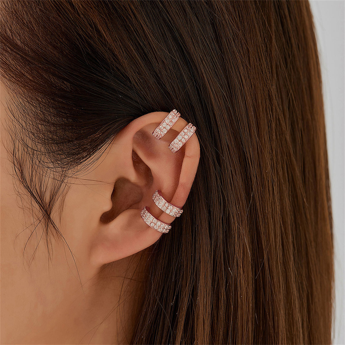 Cubic Zirconia and 18K Rose Gold-Plated Layered Ear Cuffs, rose gold stud earrings for women, lifestyle look
