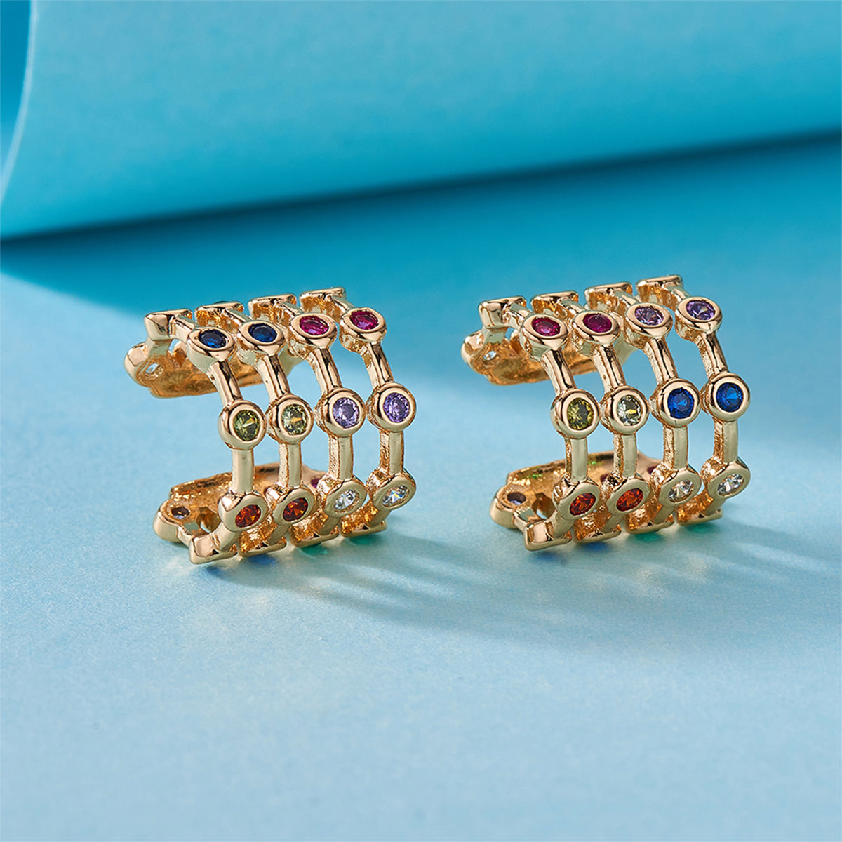Red and Blue Cubic Zirconia Multicolor Layered Ear Cuffs, stud earrings for women, everyday style, detail close-up