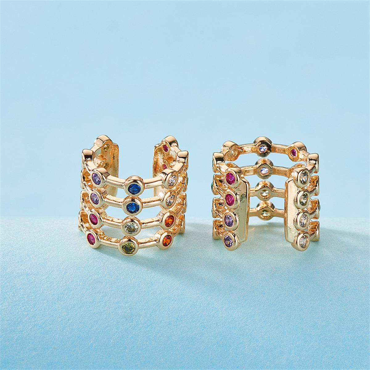Red and Blue Cubic Zirconia Multicolor Layered Ear Cuffs, stud earrings for women, everyday style, lifestyle look