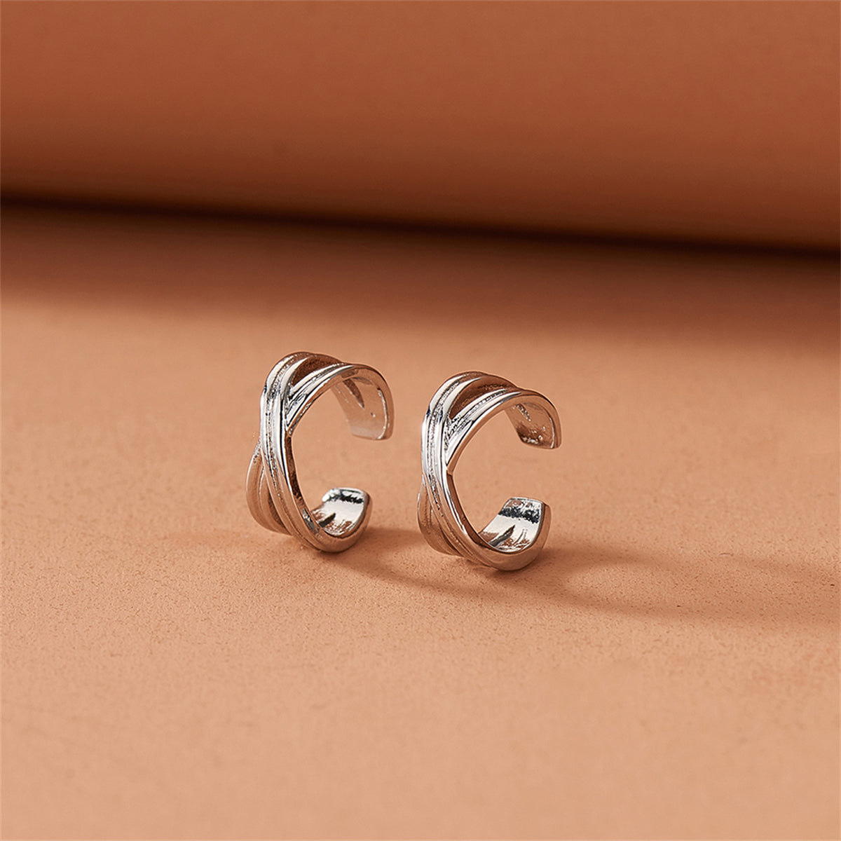 Silver-Plated Crossing Stacked Line Ear Cuffs