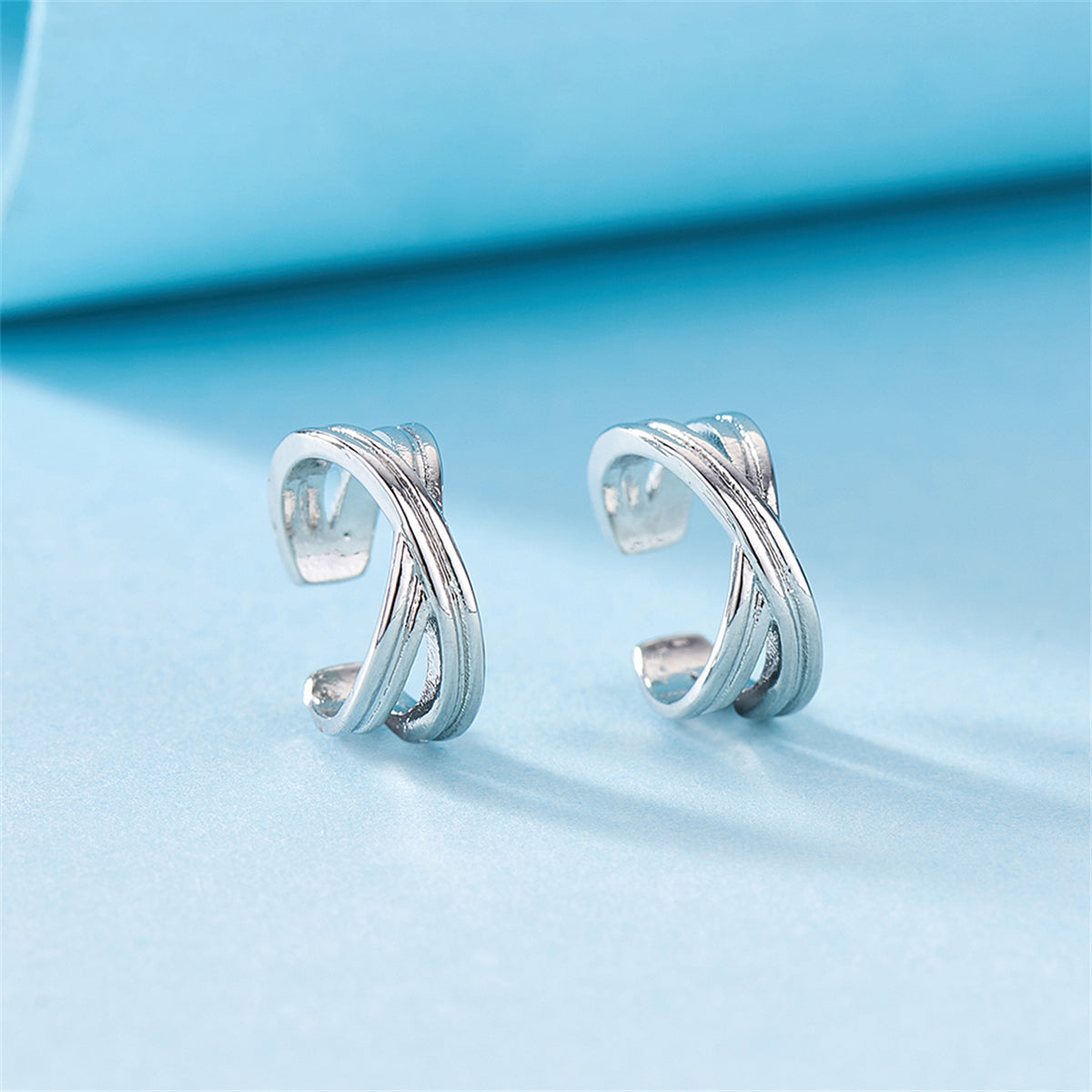 Silver-Plated Crossing Stacked Line Ear Cuffs, silver stud earrings for women, botanical inspired, side view