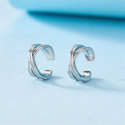 Silver-Plated Crossing Stacked Line Ear Cuffs, silver stud earrings for women, botanical inspired, detail close-up