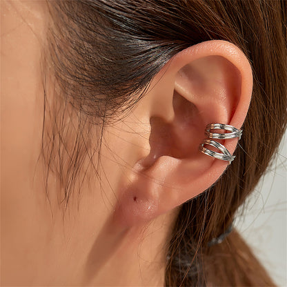 Silver-Plated Crossing Stacked Line Ear Cuffs, silver stud earrings for women, botanical inspired, front view