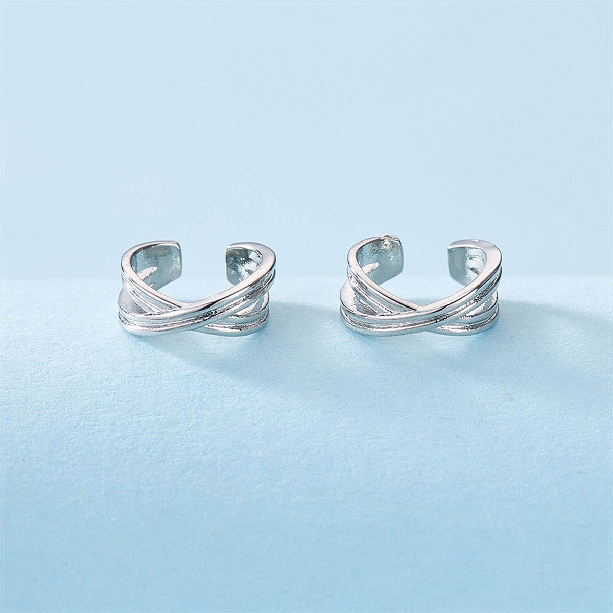 Silver-Plated Crossing Stacked Line Ear Cuffs, silver stud earrings for women, botanical inspired, styled look